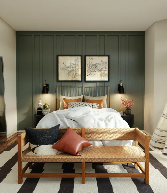 Our Process 1 Bedroom With Green Accent Wall and Stonce Lights