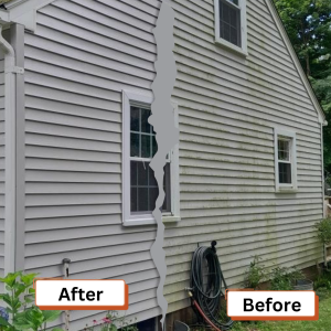 Blog 16 Comparison of a house exterior showing "Before" on the right with discoloration and dirt, and "After" on the left with a clean, bright appearance after cleaning.